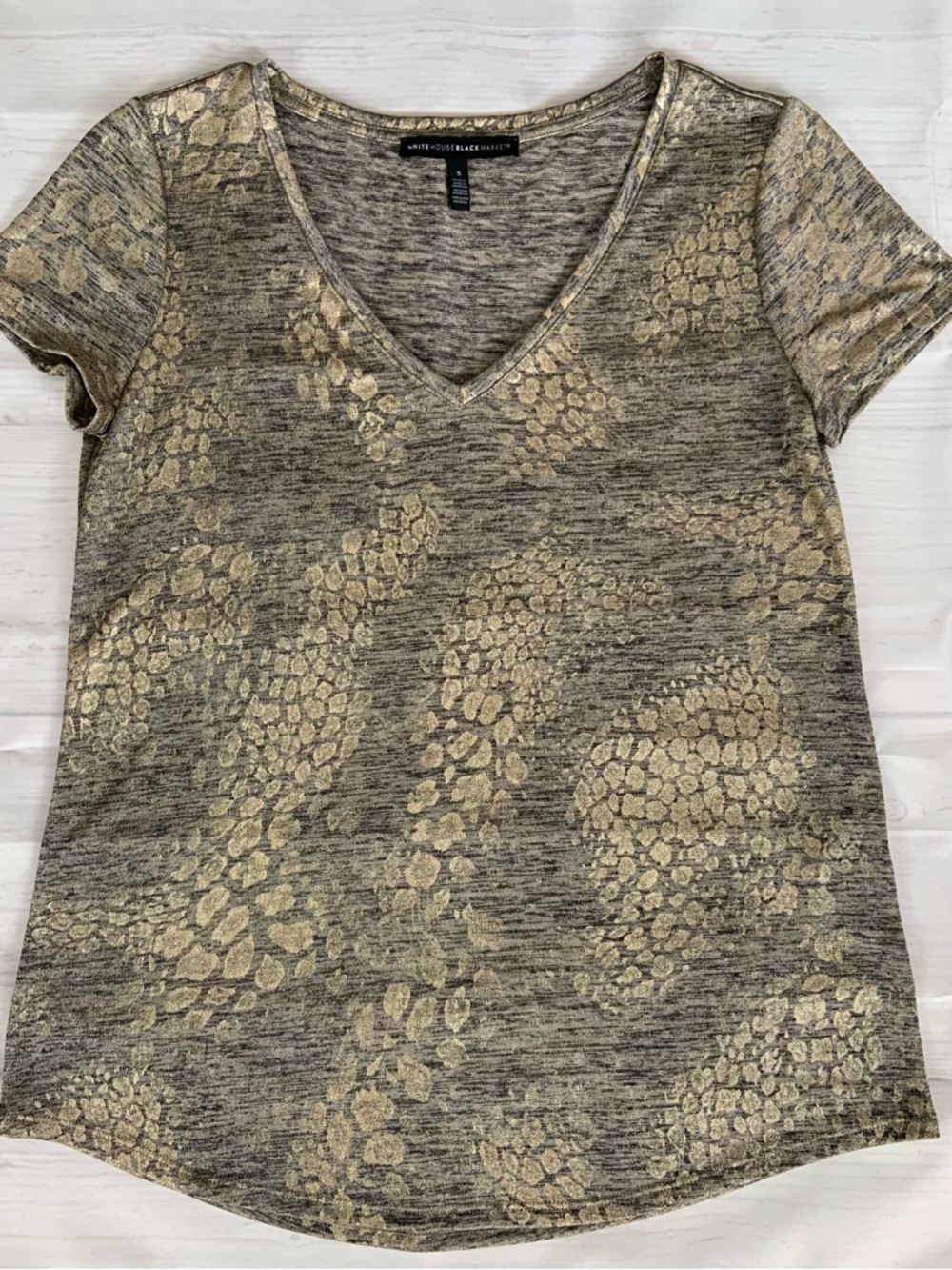 White House Black Market Metallic Gold, Black and Gray V-Neck Top
Size Small